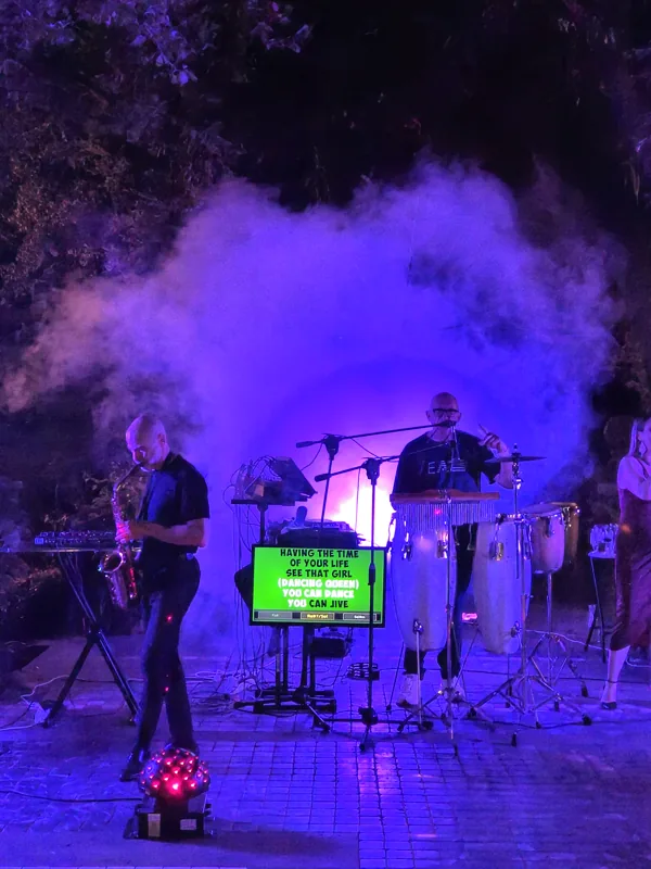 Musica live tra luci viola ed effetti di scena